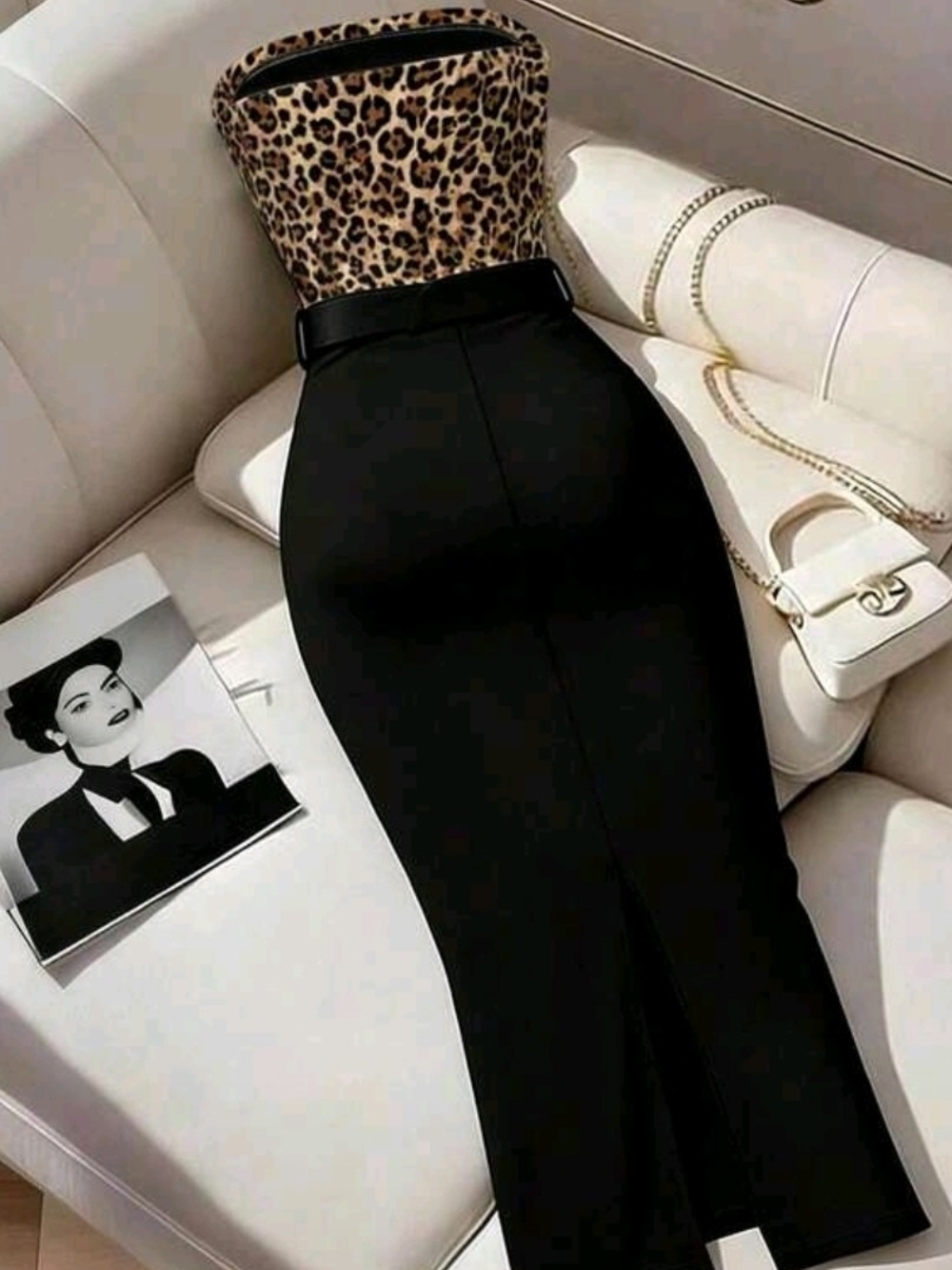 Black High-Waist Pencil Skirt with Leopard Waist Detail